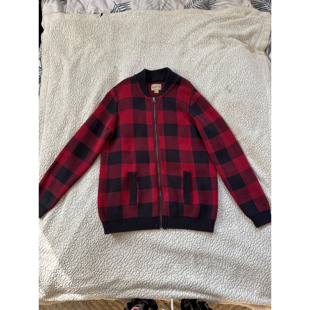 Roebuck & Co Mens Buffalo Plaid Full Zip Cardigan Sweater‎ Red Black Large
